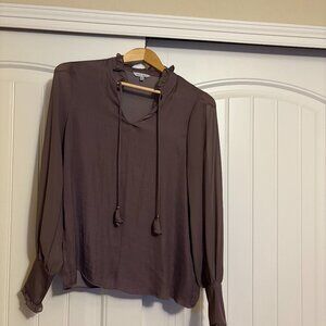 Naked Zebra High Neck Blouse Small Long Sleeve Grey Ruffle Long Sleeve Tie